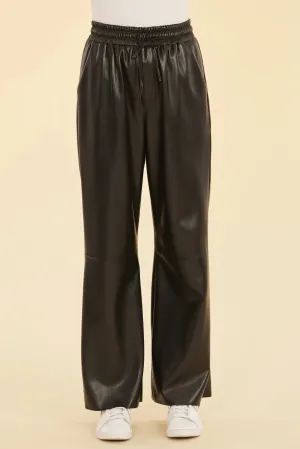 Faux Leather Wide Leg Drawstring Pants