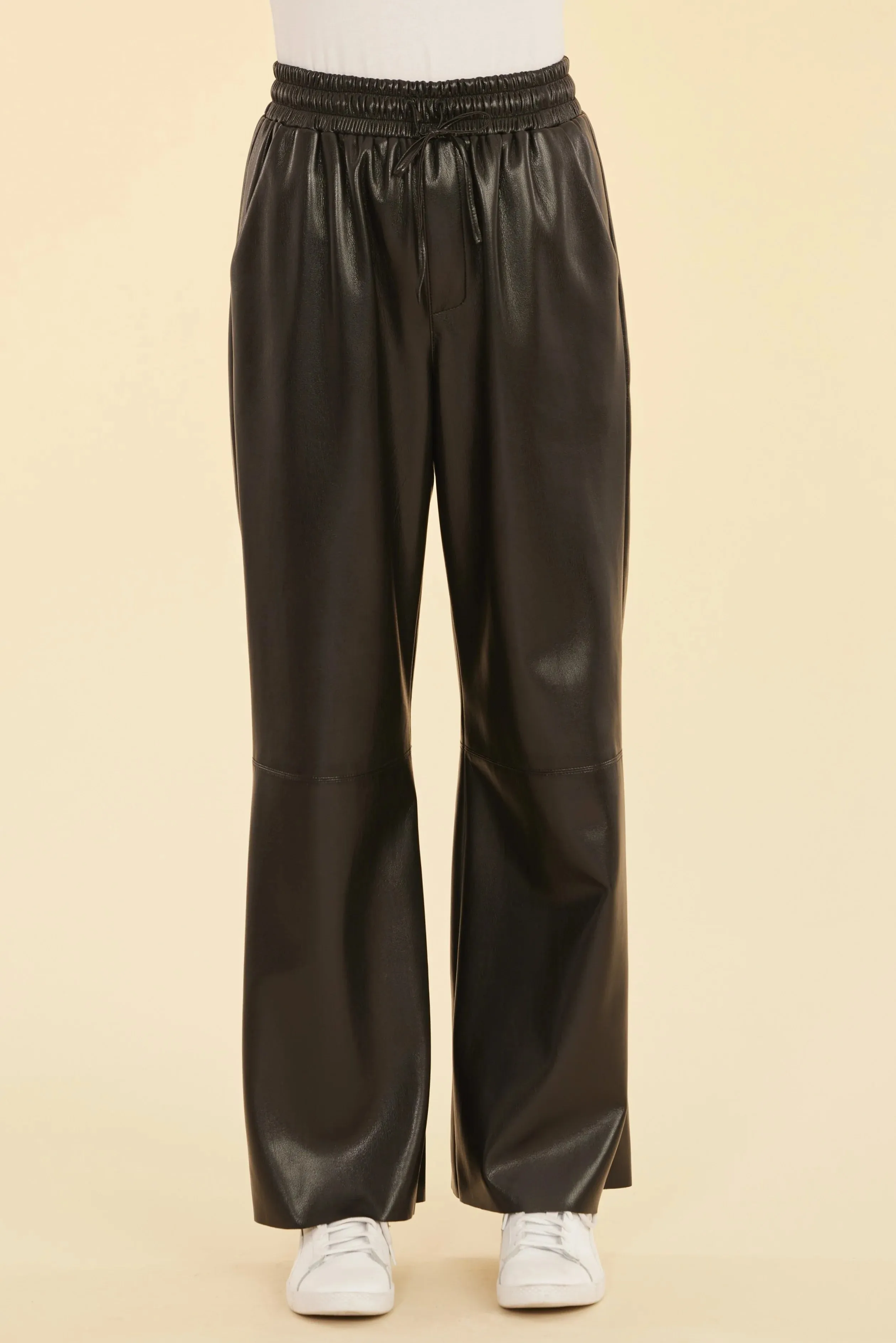 Faux Leather Wide Leg Drawstring Pants